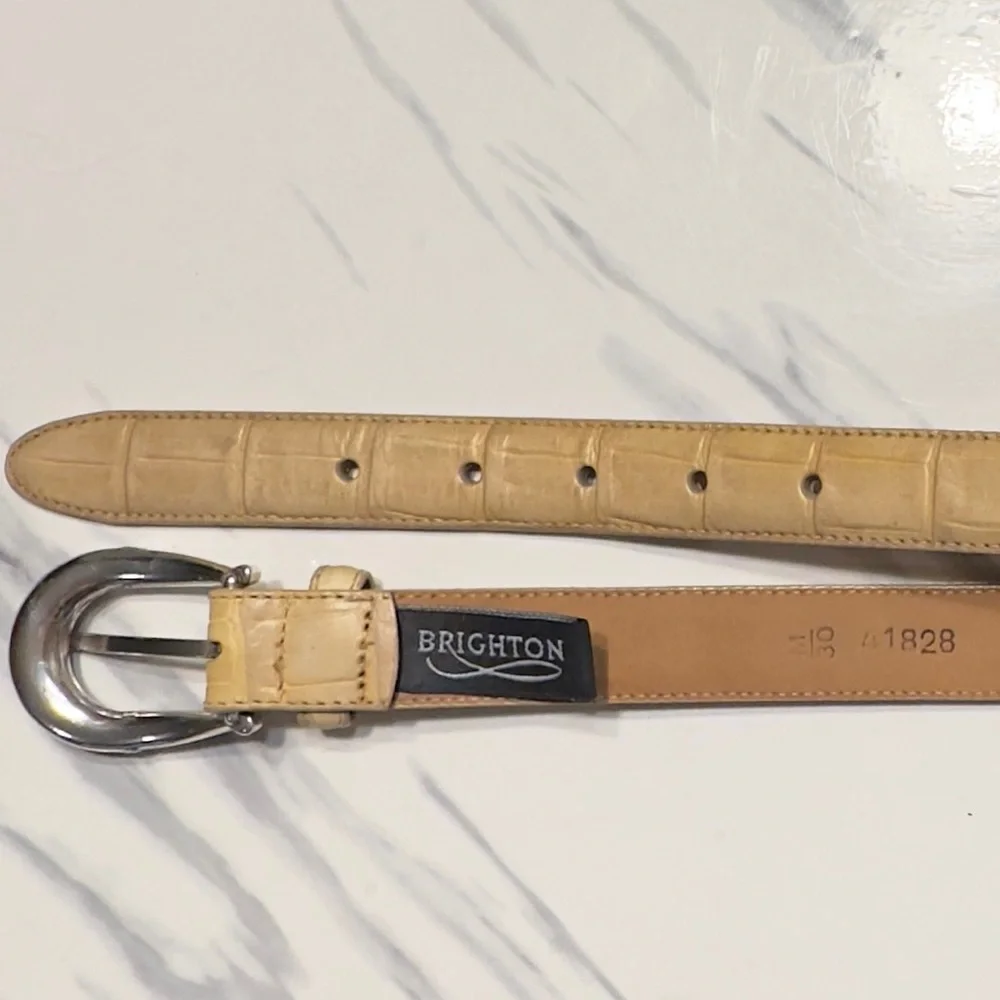 BRIGHTON | Silver Plated Buckle Tan Gold Croc Embossed Leather Belt Made In USA